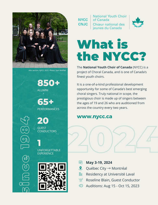 Infographic with the title What is NYCC? Includes brief bio, program dates and historical statistics. Since 1984: 850+ alumni, 65+ performances, 20 Guest Conductors, 1 unforgettable experience. 