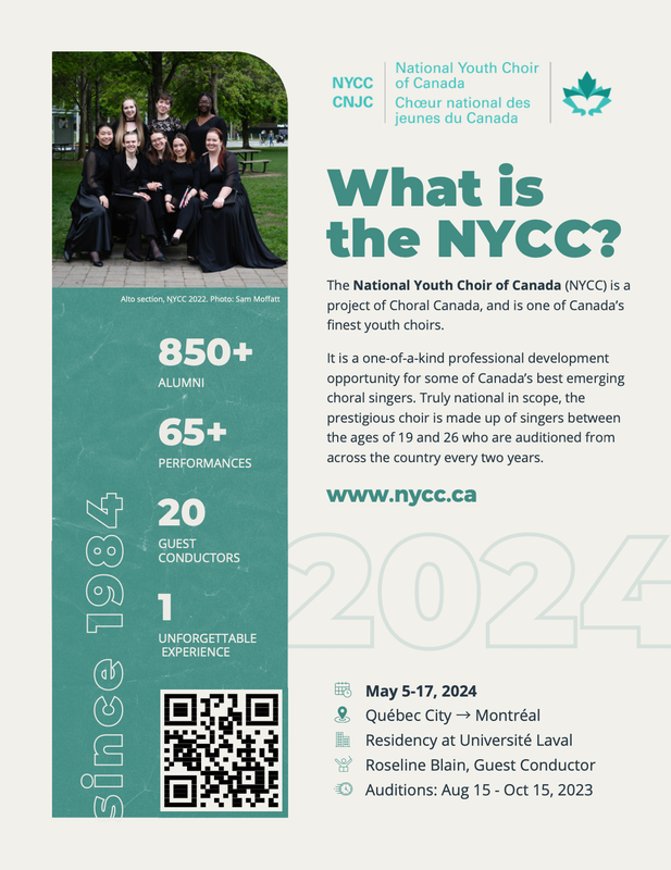 Infographic with the title What is NYCC? Includes brief bio, program dates (May 3-19, 2024) and historical statistics. Since 1984: 850+ alumni, 65+ performances, 20 Guest Conductors, 1 unforgettable experience. 